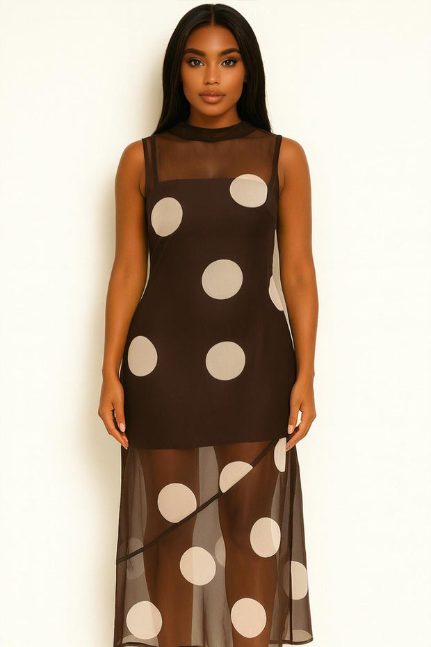 Spotlight Moment Sheer Panel Polka Dot Midi Dress – Mocha/Beige