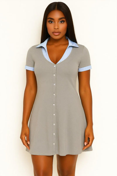 Campus Cutie Contrast Collar Button-Up Mini Dress – Heather Grey