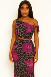 Wild Orchid One-Shoulder Two-Piece Midi Set – Magenta Leopard