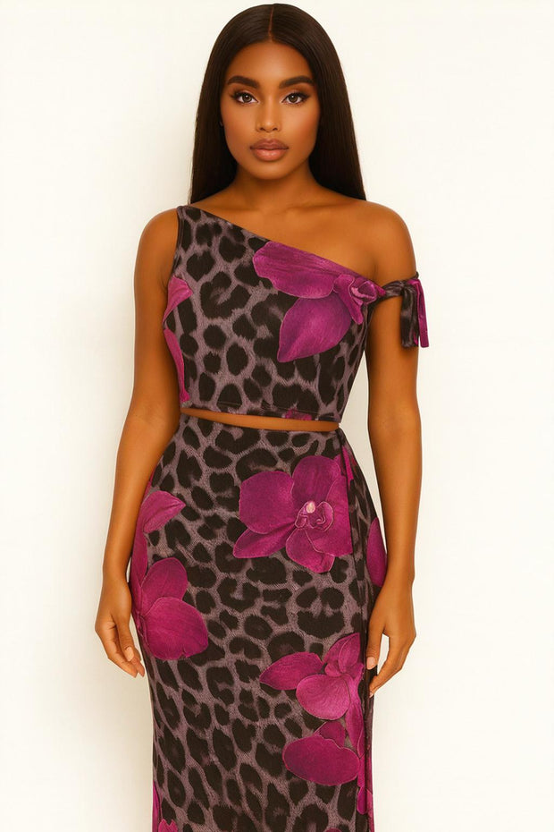 Wild Orchid One-Shoulder Two-Piece Midi Set – Magenta Leopard