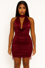 Crimson Luxe Cowl-Neck Beaded Mini Dress