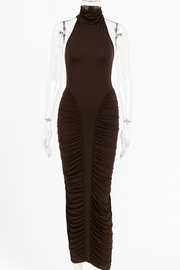 Sculpted Elegance Ruched Halter Midi Dress – Mocha