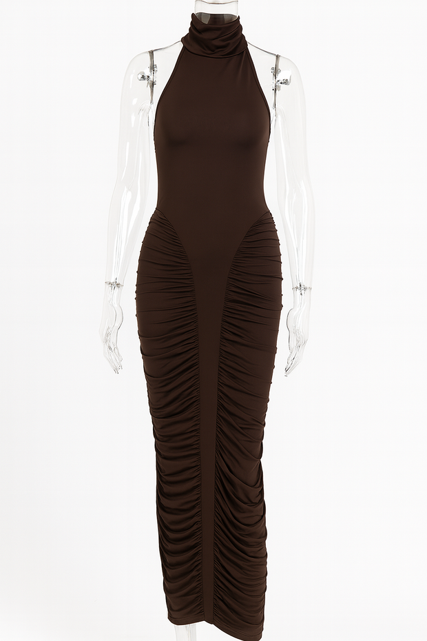 Sculpted Elegance Ruched Halter Midi Dress – Mocha