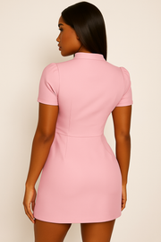 Pink Puff Sleeve Mandarin Collar Mini Dress – Elegant Button Detail Fit