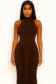 Sculpted Elegance Ruched Halter Midi Dress – Mocha