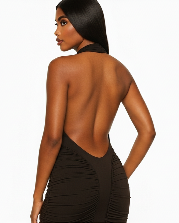 Sculpted Elegance Ruched Halter Midi Dress – Mocha