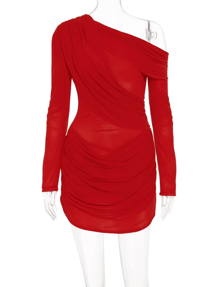 Red one-shoulder dress on a mannequin against a white background