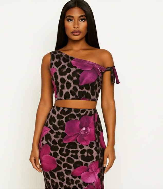 Woman wearing a leopard print and pink floral dress on a white background
