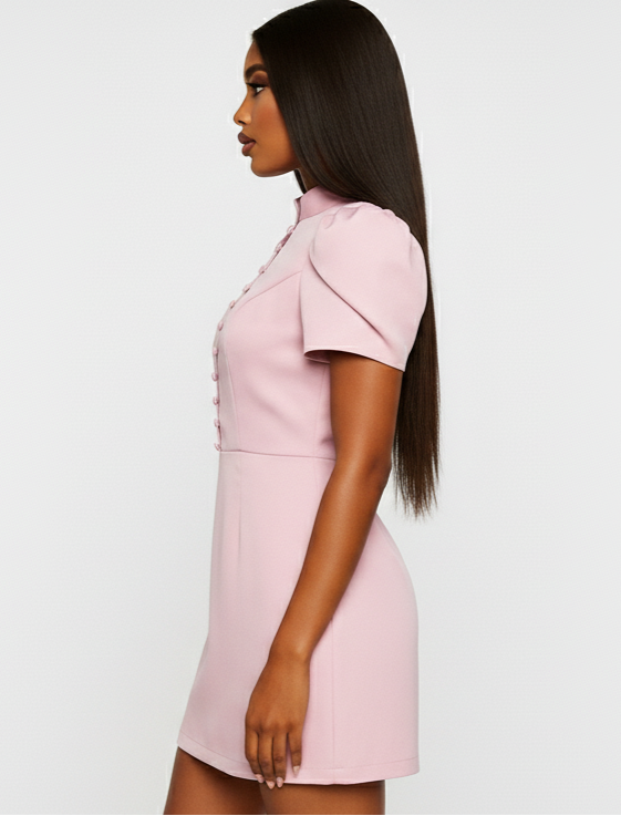 Pink dress on a woman against a white background