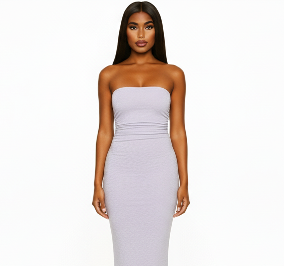 Woman wearing a strapless white dress on a white background
