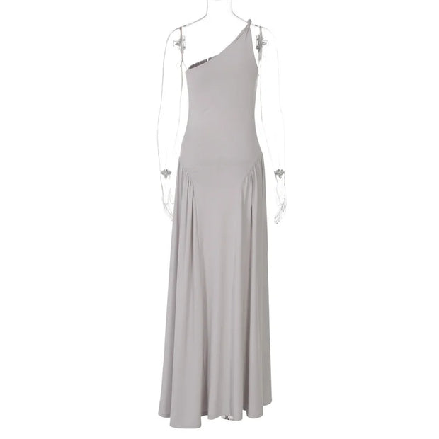 Gray One-Shoulder Maxi Dress – Elegant Floor-Length Evening Gown