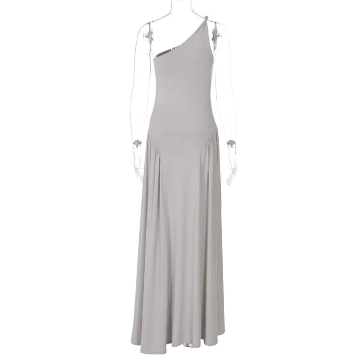 Gray One-Shoulder Maxi Dress –  Floor-Length