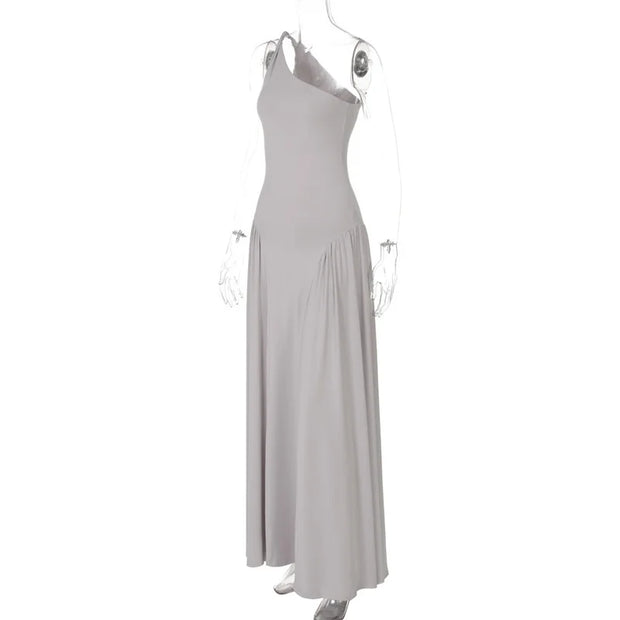 Gray One-Shoulder Maxi Dress – Elegant Floor-Length Evening Gown
