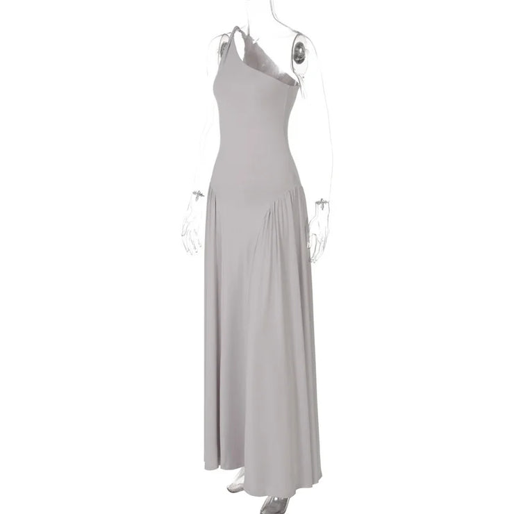 Gray One-Shoulder Maxi Dress –  Floor-Length