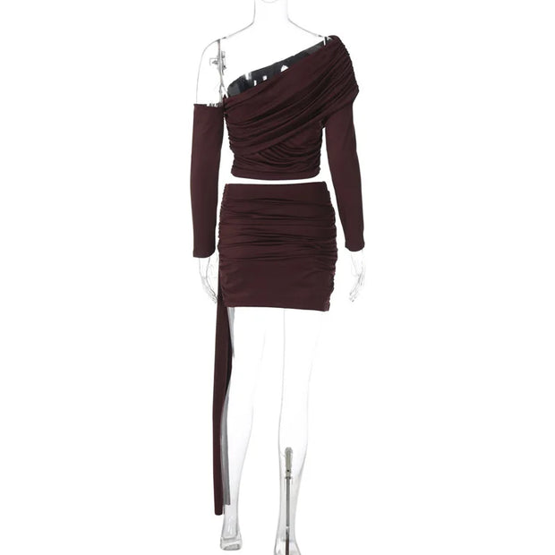 Luxe One-Shoulder Ruched Skirt Set – Chocolate Brown