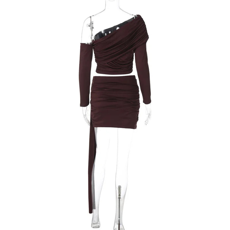 Luxe One-Shoulder Ruched Skirt Set – Chocolate Brown