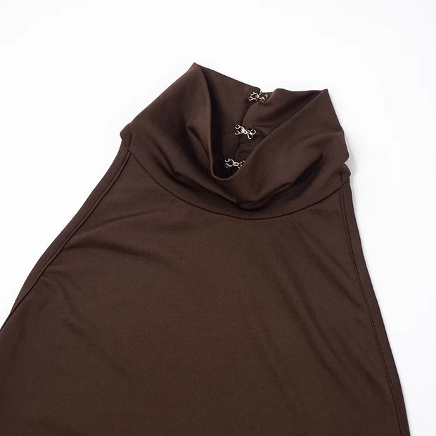 Sculpted Elegance Ruched Halter Midi Dress – Mocha
