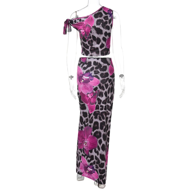Wild Orchid One-Shoulder Two-Piece Midi Set – Magenta Leopard