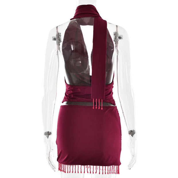 Crimson Luxe Cowl-Neck Beaded Mini Dress