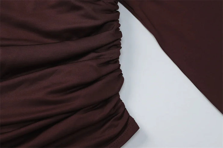 Luxe One-Shoulder Ruched Skirt Set – Chocolate Brown
