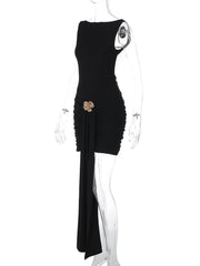 After Dusk Draped Mini Dress with Jeweled Brooch – Black