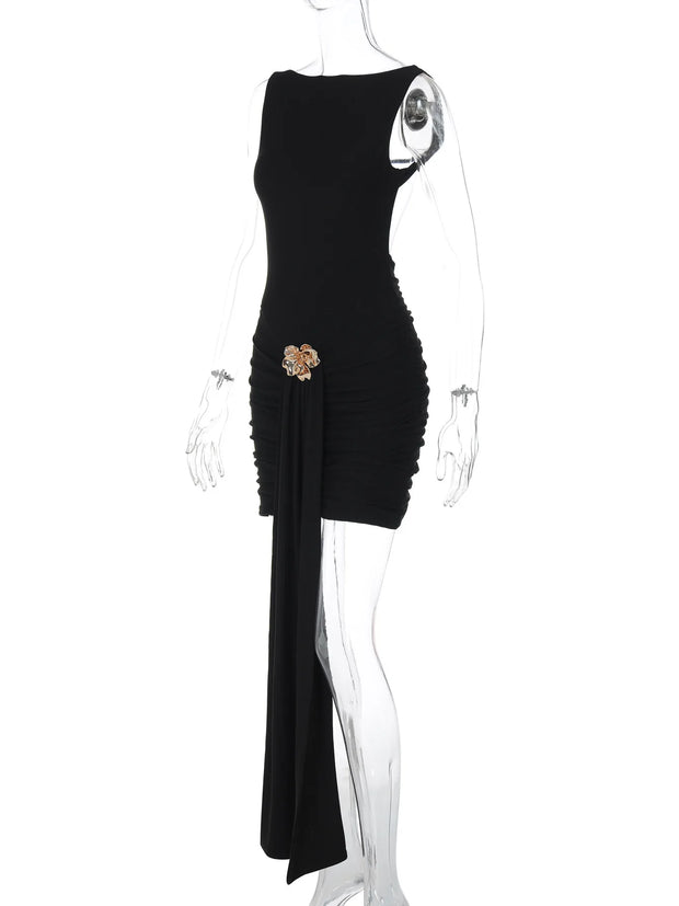 After Dusk Draped Mini Dress with Jeweled Brooch – Black