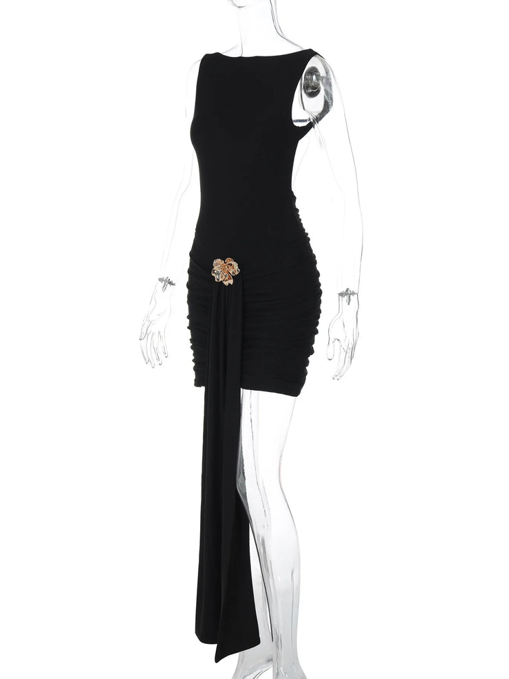 After Dusk Draped Mini Dress with Jeweled Brooch – Black