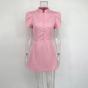 Pink Puff Sleeve Mandarin Collar Mini Dress – Elegant Button Detail Fit