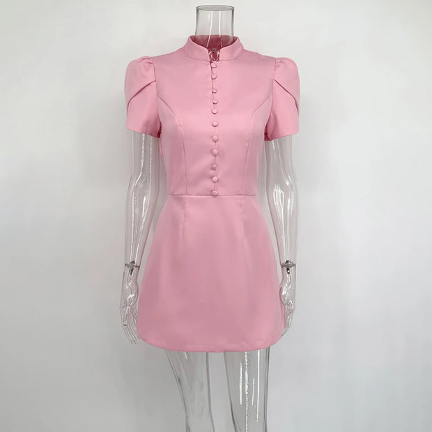 Pink Puff Sleeve Mandarin Collar Mini Dress – Elegant Button Detail Fit