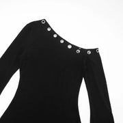 Midnight Edge One-Shoulder Grommet Mini Dress – Black Long Sleeve Bodycon