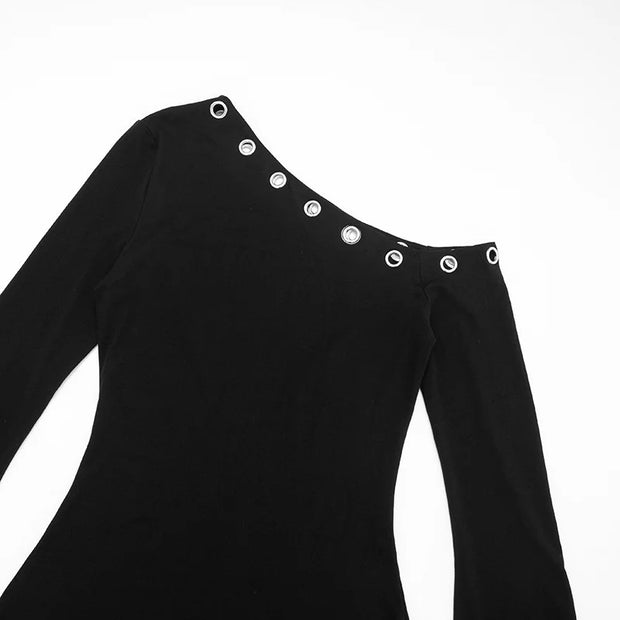 Midnight Edge One-Shoulder Grommet Mini Dress – Black Long Sleeve Bodycon