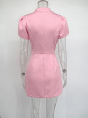 Pink Puff Sleeve Mandarin Collar Mini Dress – Elegant Button Detail Fit