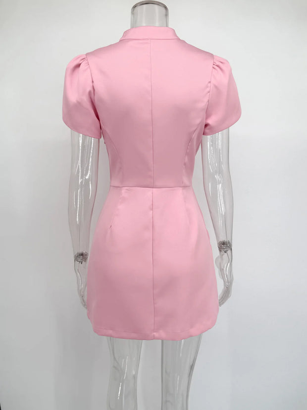 Pink Puff Sleeve Mandarin Collar Mini Dress – Elegant Button Detail Fit