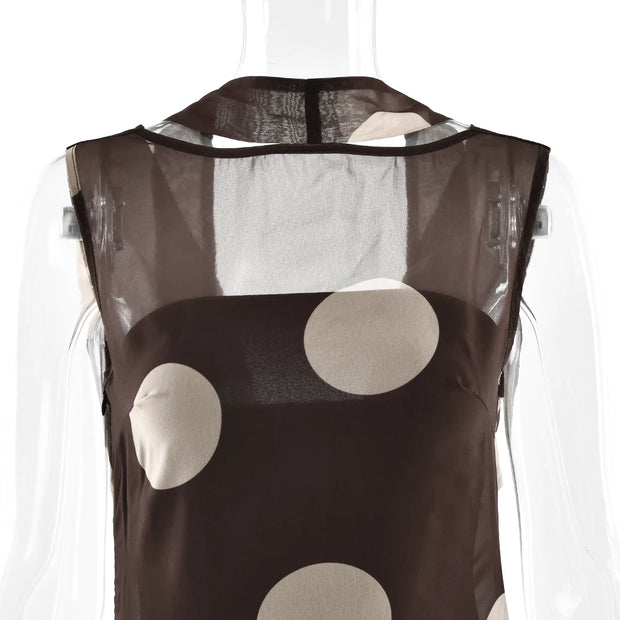 Spotlight Moment Sheer Panel Polka Dot Midi Dress – Mocha/Beige