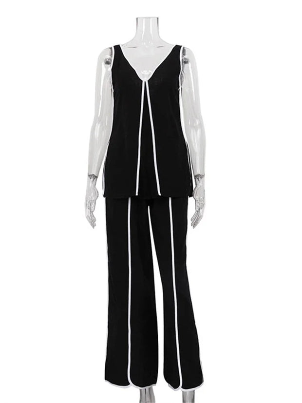 Midnight Contrast Two-Piece Set – Black with White Piping