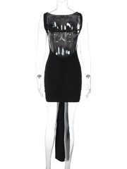 After Dusk Draped Mini Dress with Jeweled Brooch – Black