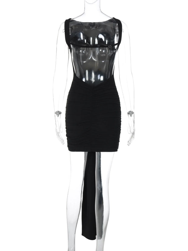 After Dusk Draped Mini Dress with Jeweled Brooch – Black