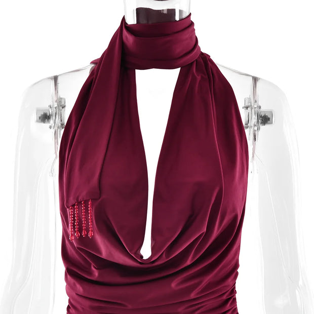 Crimson Luxe Cowl-Neck Beaded Mini Dress