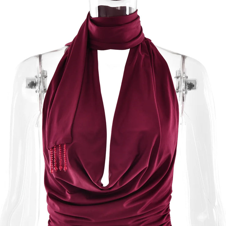 Crimson Luxe Cowl-Neck Beaded Skirt Set