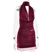 Crimson Luxe Cowl-Neck Beaded Mini Dress