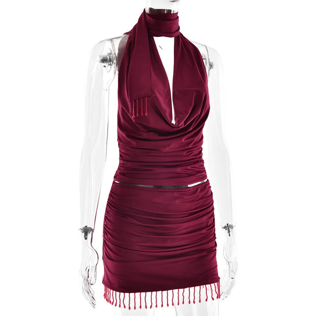 Crimson Luxe Cowl-Neck Beaded Mini Dress