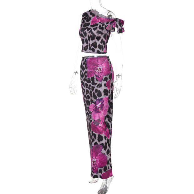 Wild Orchid One-Shoulder Two-Piece Midi Set – Magenta Leopard