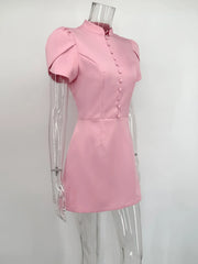Pink Puff Sleeve Mandarin Collar Mini Dress – Elegant Button Detail Fit