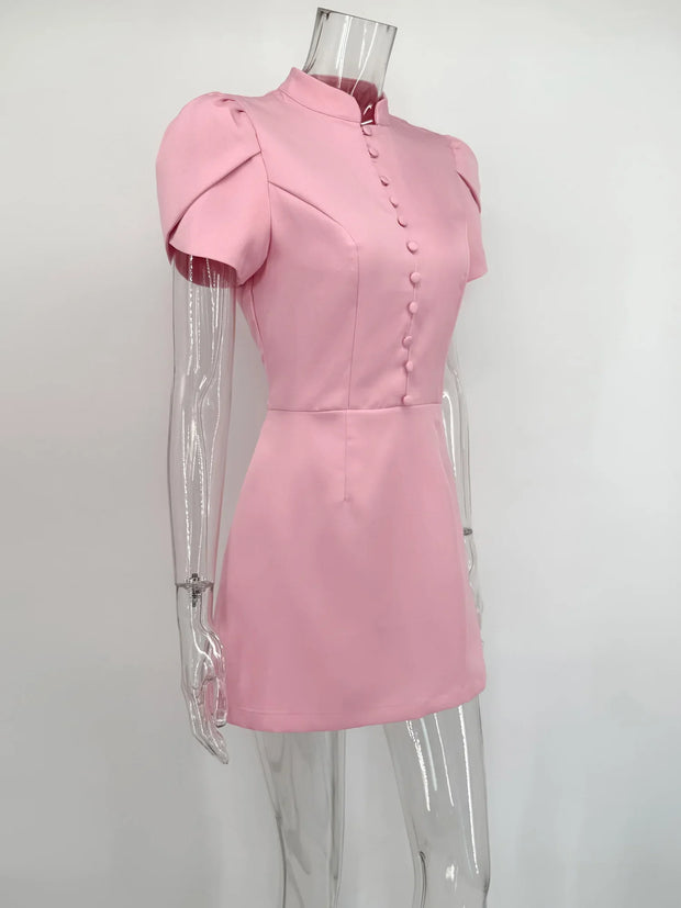 Pink Puff Sleeve Mandarin Collar Mini Dress – Elegant Button Detail Fit