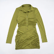 Olive Ruched Button-Up Collared Mini Dress