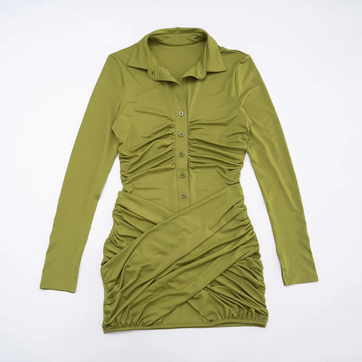 Olive Ruched Button-Up Collared Mini Dress