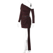 Luxe One-Shoulder Ruched Skirt Set – Chocolate Brown