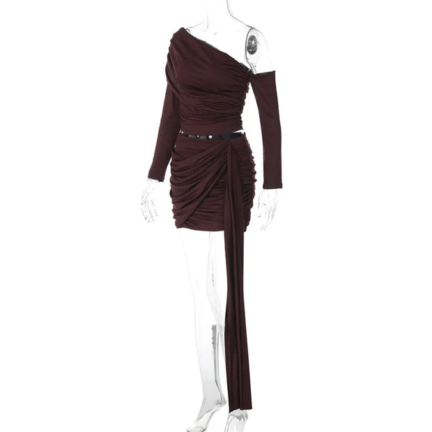 Luxe One-Shoulder Ruched Skirt Set – Chocolate Brown