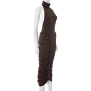 Sculpted Elegance Ruched Halter Midi Dress – Mocha
