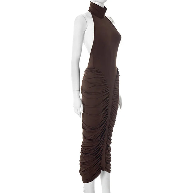 Sculpted Elegance Ruched Halter Midi Dress – Mocha